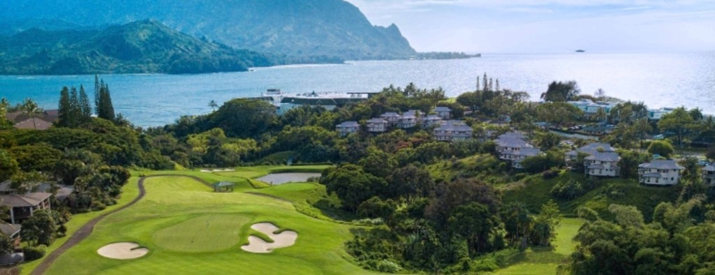 Aerial view of the makai Woods golf course in Princeville, Kauai